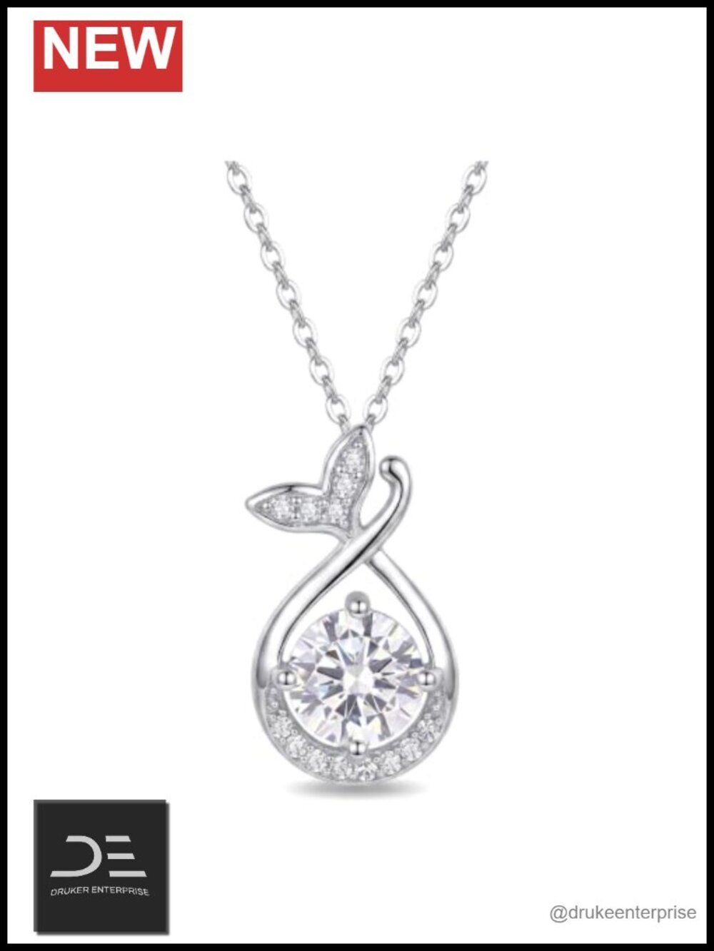 Silver Plated Sterling Silver Rose Heart Fishtail Zircon Necklace 18in